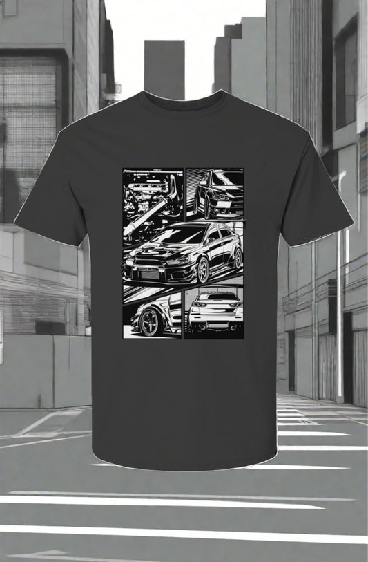 Streetwear SpeedElite Designs - Mitsubishi Lancer Evolution Comic Strip T-shirtElite Designs - Mitsubishi Lancer Evolution Comic Strip